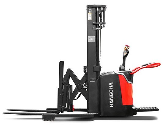 Stand on stacker with reach fork Stand on stacker with reach fork