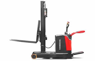 A Series high range stand-on stacker with mast move A Series high range stand-on stacker with mast move