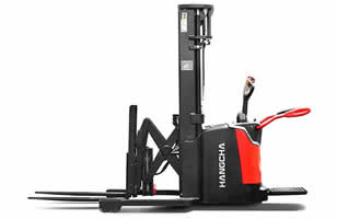 stand-on stacker with reach-fork-sm A Series Stand-on Pallet Stacker with Reach Fork, 1.2 – 1.6t